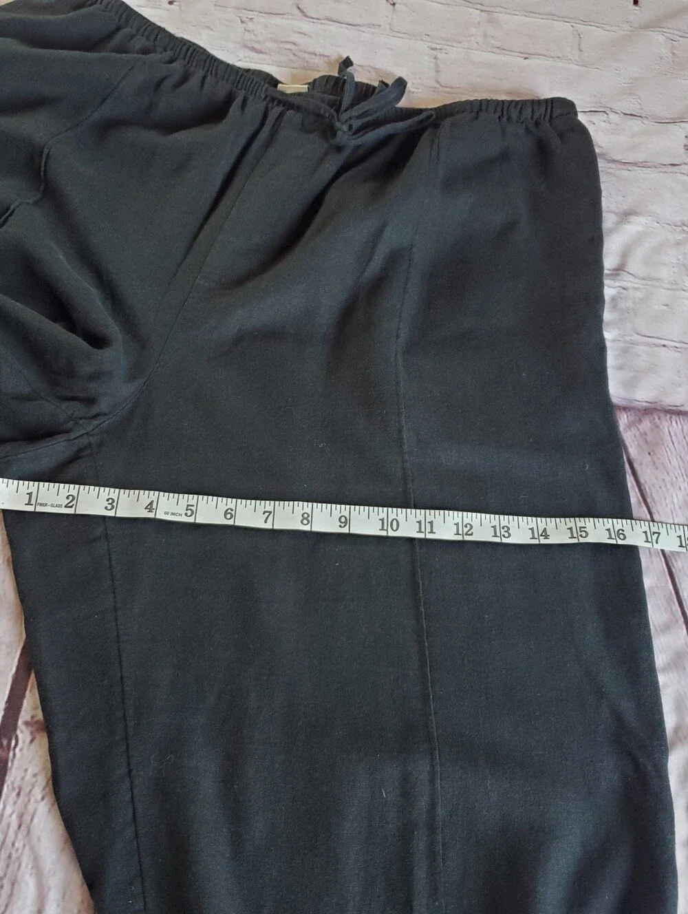 Black Elastic Waist Wide-Leg Pants Linen Blend Comfort Flowy Pull-on Pockets XXL
